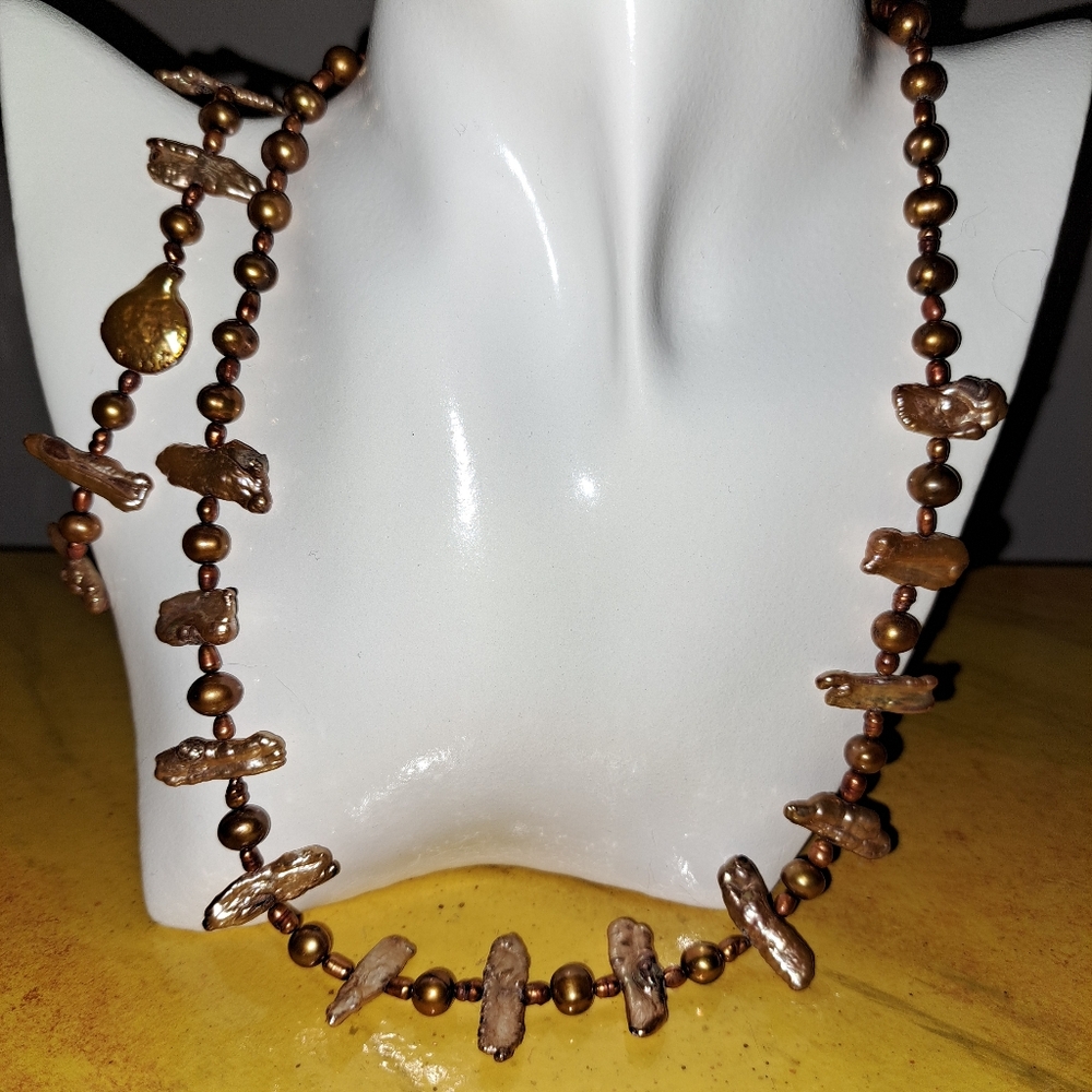 Champagne Freshwater Biwa & Baroque Pearl Necklace & Bracelet Set in Sterling